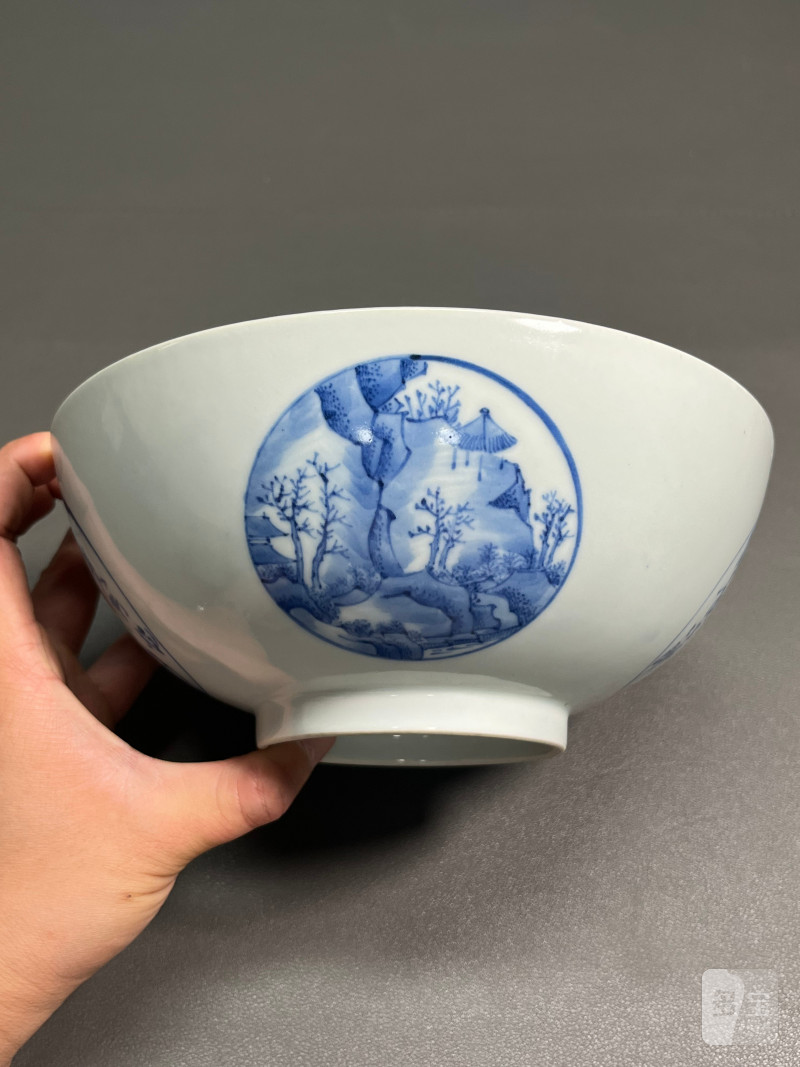 清乾隆 青花开光山水诗文碗 - 图5